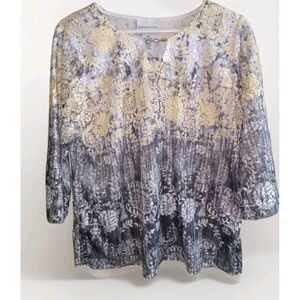 Alfred Dunner SZ PM 3/4 Sleeve Yellow Gray Silver Bead Keyhole Neck Ombre M